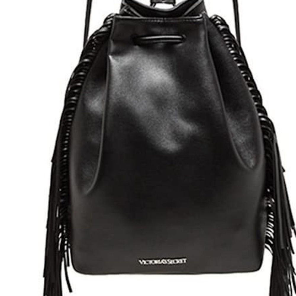 Victoria secret black fringe bucket backpack - Picture 5 of 16